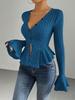 Elegant V-Waist Ruffle Knit Top for Women - Autumn/Winter Style