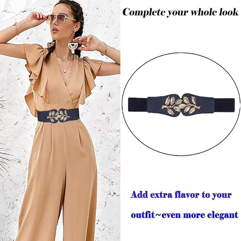 Women's Waist Belts Retro Waistband Golden Leaf Elastic Waist Closure with Double Hook Buckle Wide Belt Fashion Elegant Women Belt for Skirt