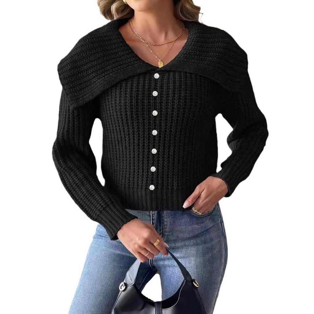 Women's Short Top Pearl Bead Sweater European and American Women's Clothing Autumn and Winter New Large Lapel Pullover Sweater