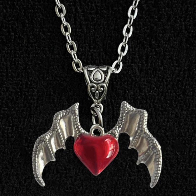 Gothic Punk Heart Pendant Necklace with Demon Wings