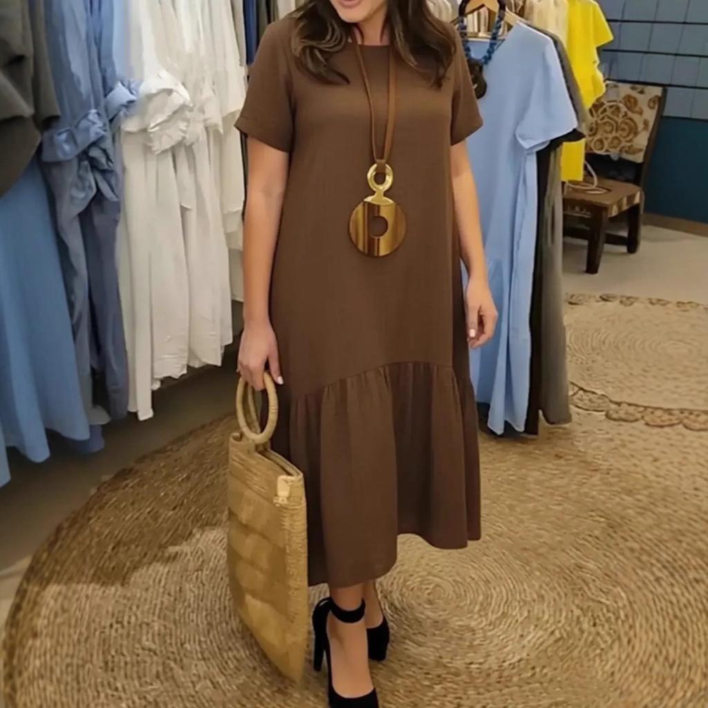 Women's Fashion Color Dress Round Neck Short Sleeve Casual Loose Ruffled Dress