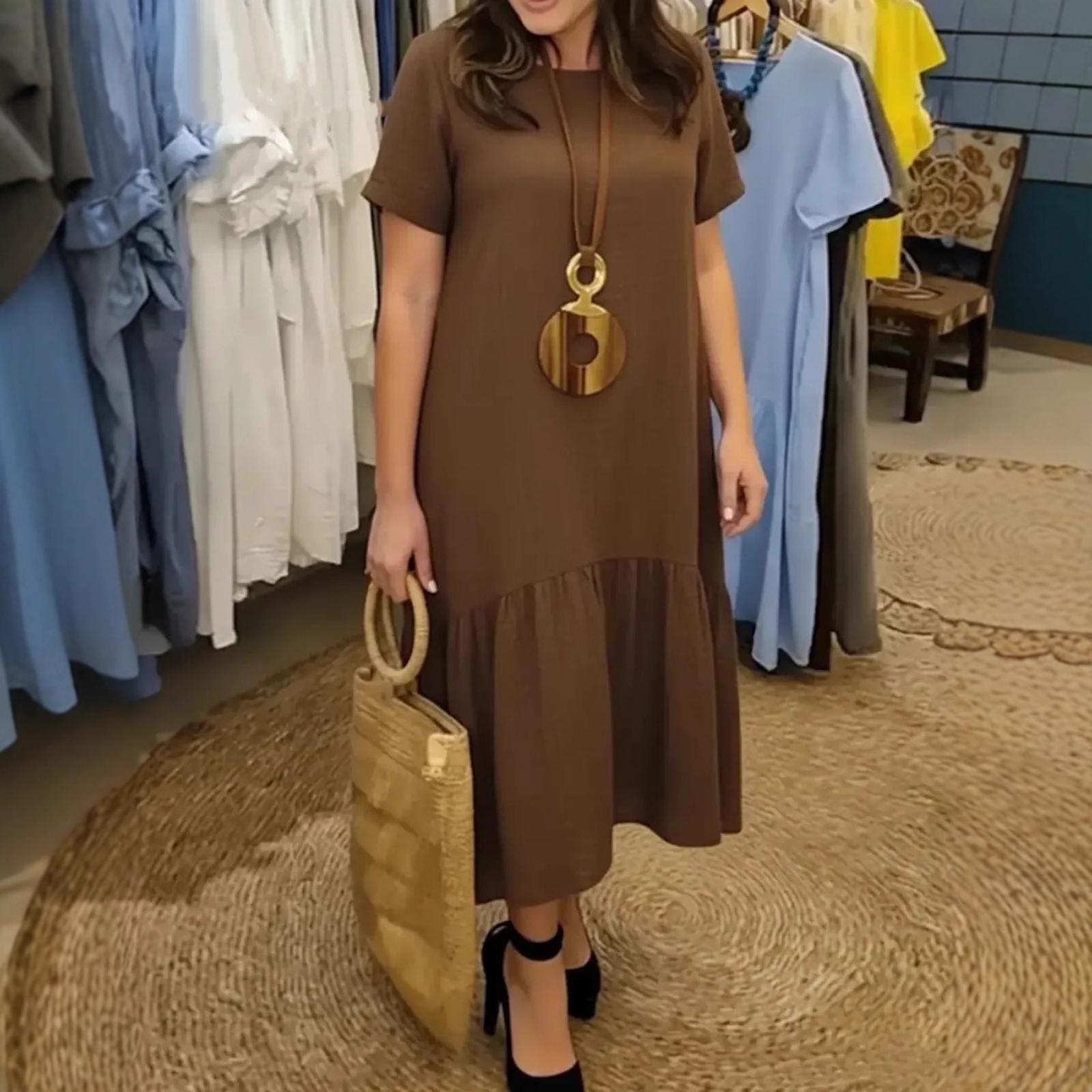 Women s Fashion Color Dress Round Neck Short Sleeve Casual Loose Ruffled Dress L кофейный