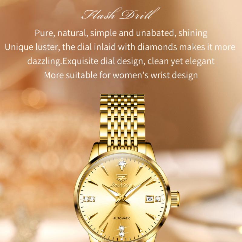 JINSHIDUN Nuevo reloj de negocios y ocio para damas Forma mecánica Calendario Luminoso con incrustaciones de diamantes Reloj impermeable de alta gama