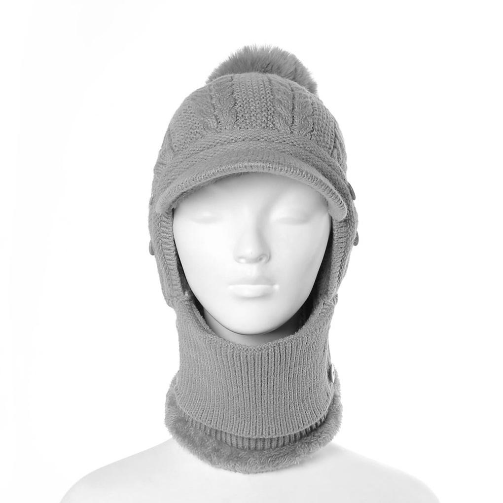 Winter cold weather knit neck warmer with fur pom pom brim all-in-one