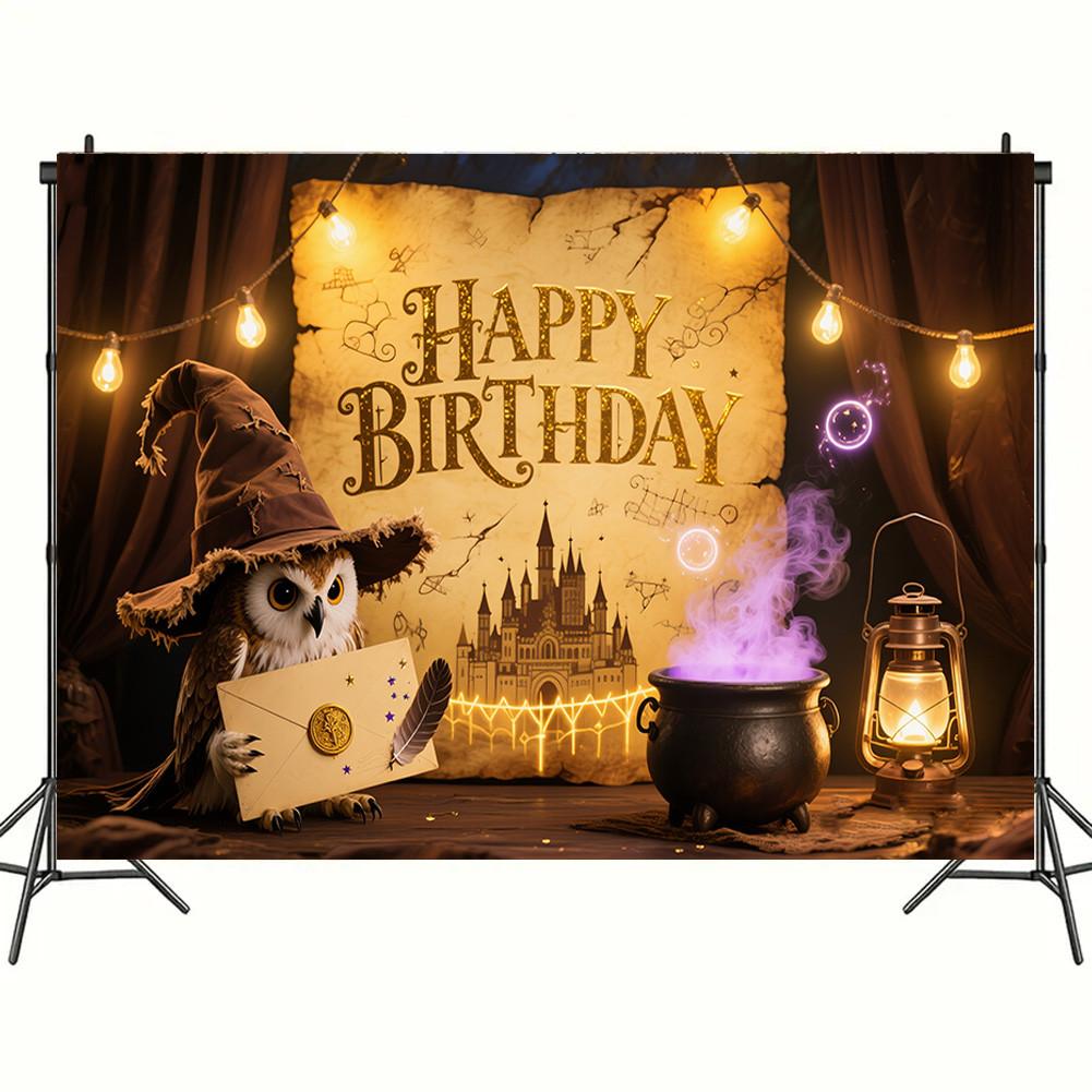 Owl,Magic Potion,Magic Theme-Happy Birthday Backdrop Polyester for Photo Booth,Party Event,Indoor/Outdoor Celebrations,Wall Decor,Home Decor
