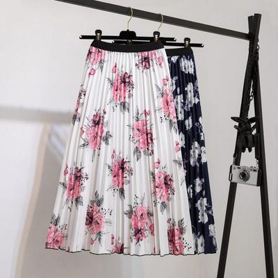 Summer New Sweet Fashionable and Comfortable Half Body Printed Elastic Waist Over Knee Long Pleated Skirt