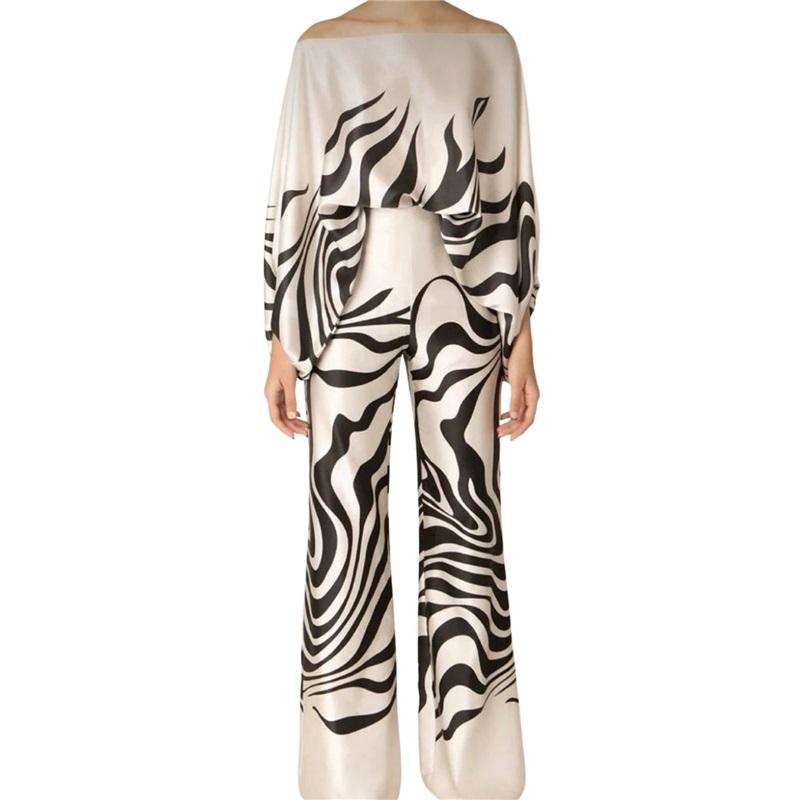 European And American Style Ladies Summer Suit Casual Satin Printed Loose One-neck Blouse And Trousers Two-piece Suit