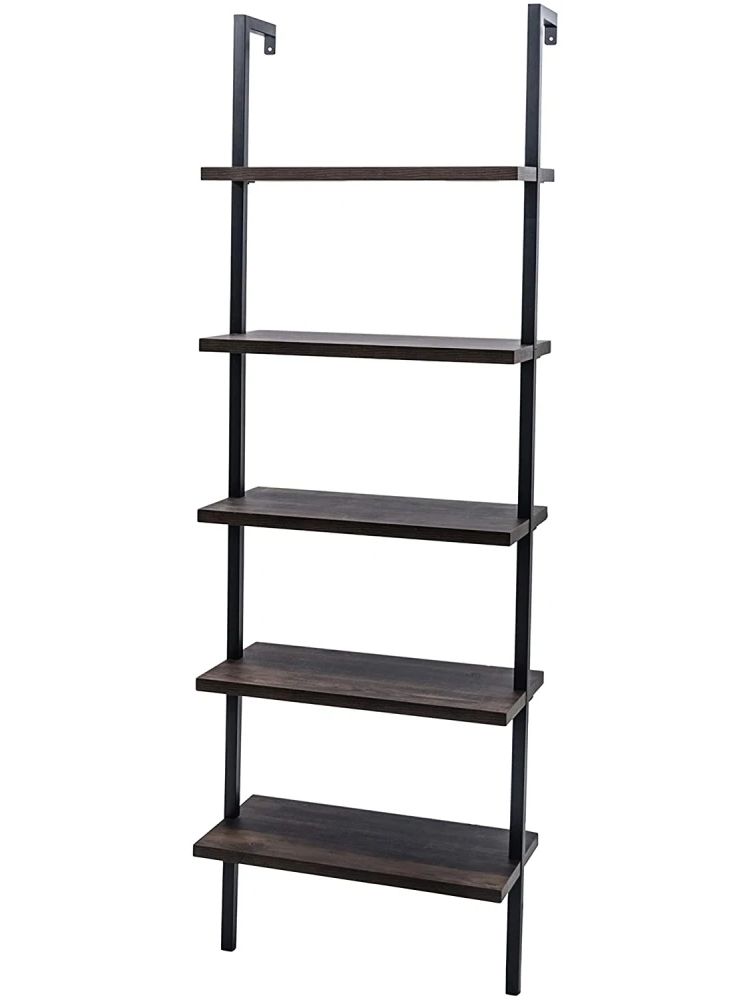 5-Shelf Wood Ladder Bookcase With Metal Frame, Industrial 5-Tier Modern Ladder Shelf Wood Shelves,Dark Walnut