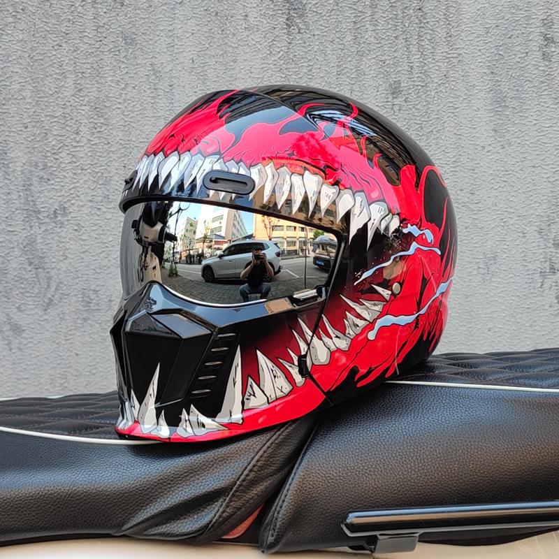 ORZ Retro Cruising Motorcycle Helmet Black Warrior Style Multi Functional Combination Full Helmet ABS Material GB-7