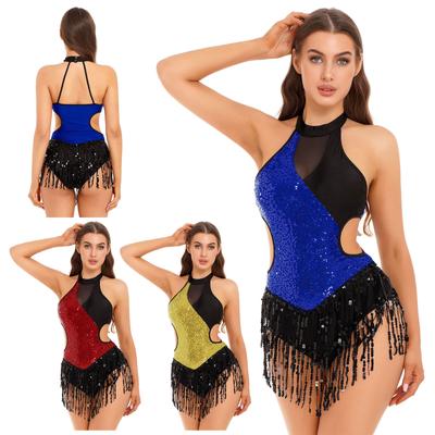 Costume da performance di danza latina Cha-Cha da donna Body con paillettes scintillanti Abito body senza maniche con frange