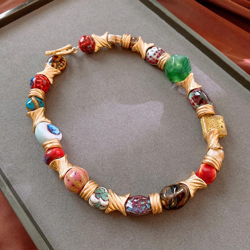 Vintage Geometric Floral Ceramic Necklace - Retro Style Clavicle Chain Jewelry