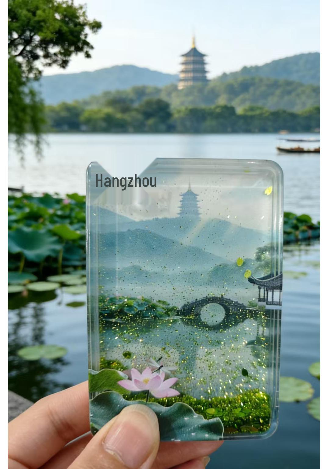 West Lake Scenery Liquid Glitter Acrylic Refrigerator Magnet
