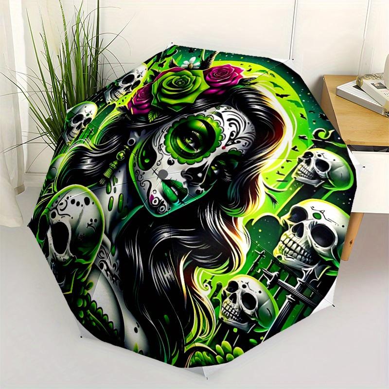 1pc Day of the Dead Automatic Open/close Folding Umbrella, Compact Portable Travel Umbrella, Perfect Birthday/Christmas, Cute Umbrella, Dura
