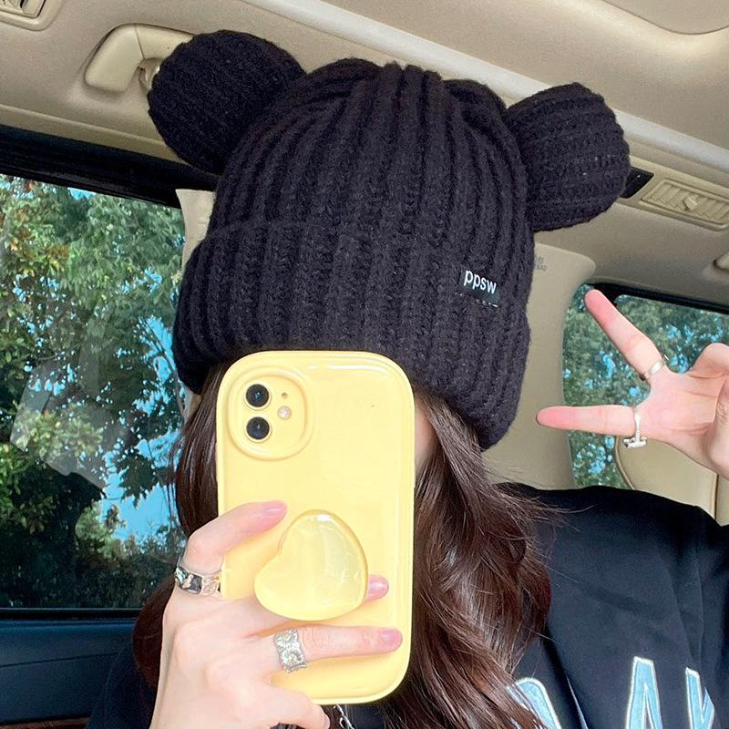 Cat Ear Knitted Hat for Women In Autumn and Winter Warmth and Thick Ear Protection Winter Style Cute Face Showing Small Ins Student Wool Hat