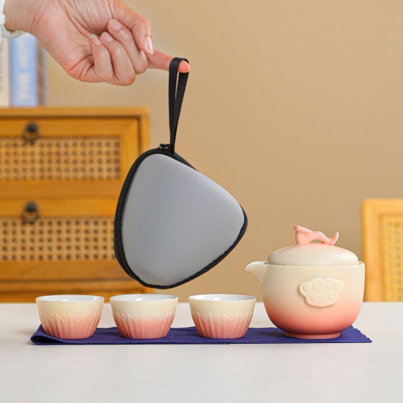 Travel Ceramic Tea Set, Kung Fu Tea Brewing Teapot, Anti-scalding Handle Teapot, Portable Storage, 1 Tea Pot and 3 Cups,