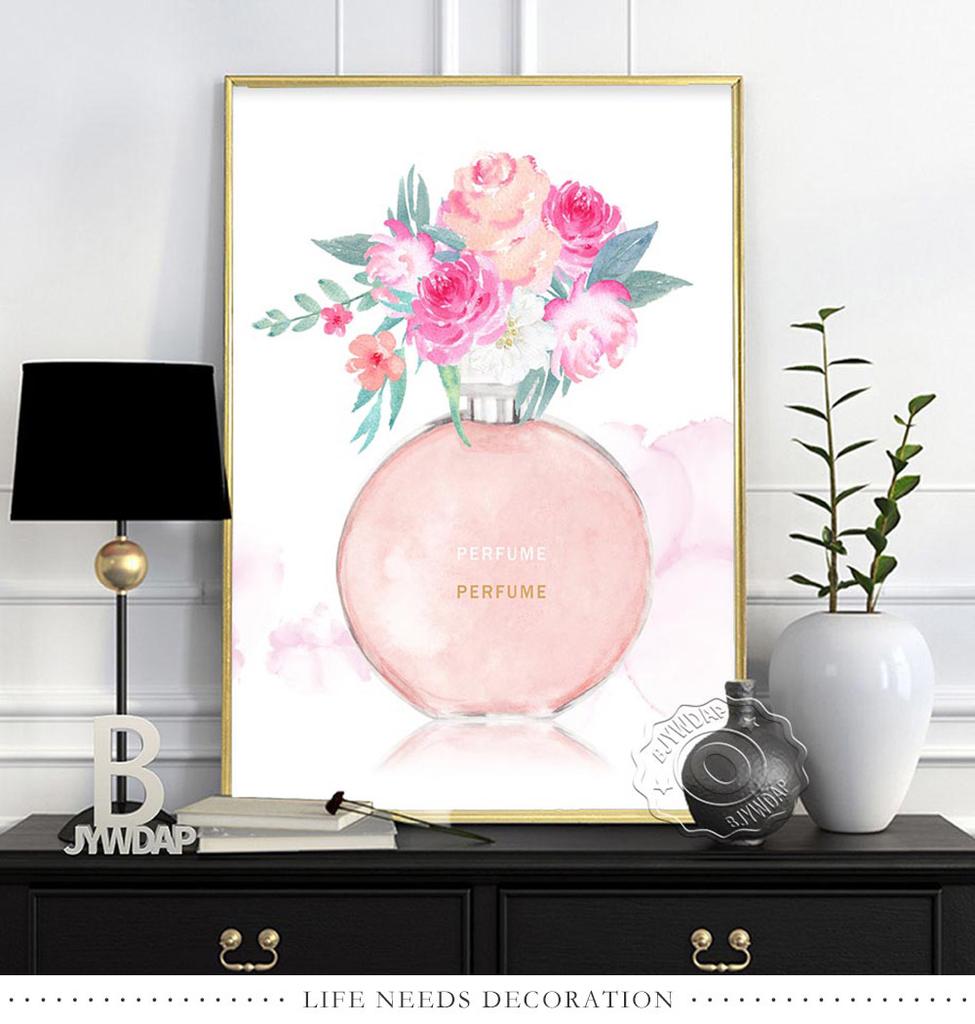 Fashion Illustration Watercolor Floral Prints Art Poster, Flowers Paris Perfume Canvas Painting, Minimalist Wall Decor Girl Gift No Frame