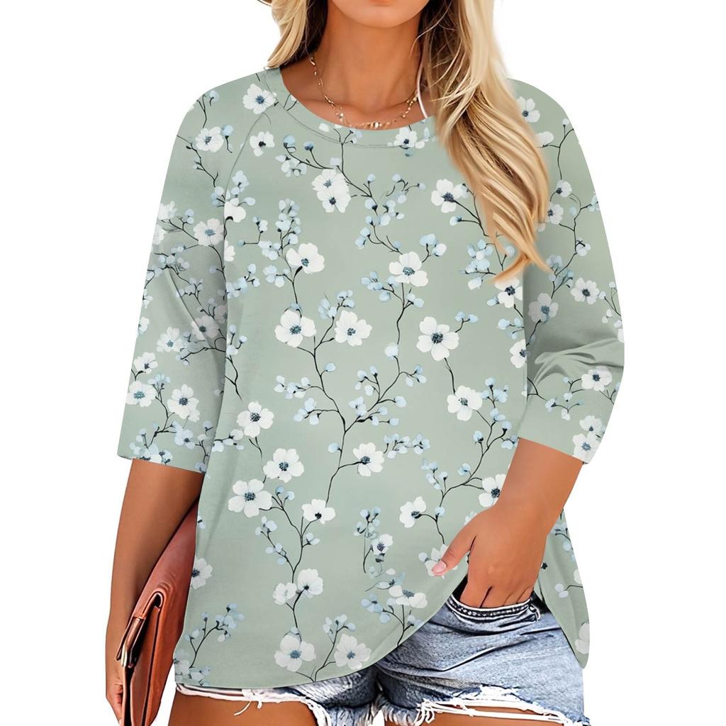 Women's Fashion Casual Print Round Neck 3/4 Sleeve T-Shirt Top