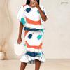 Women Plus Size Abstract Printed Round Neck Batwing Sleeve Ruffle Hem Top Fishtail Skirt Two Piece Set