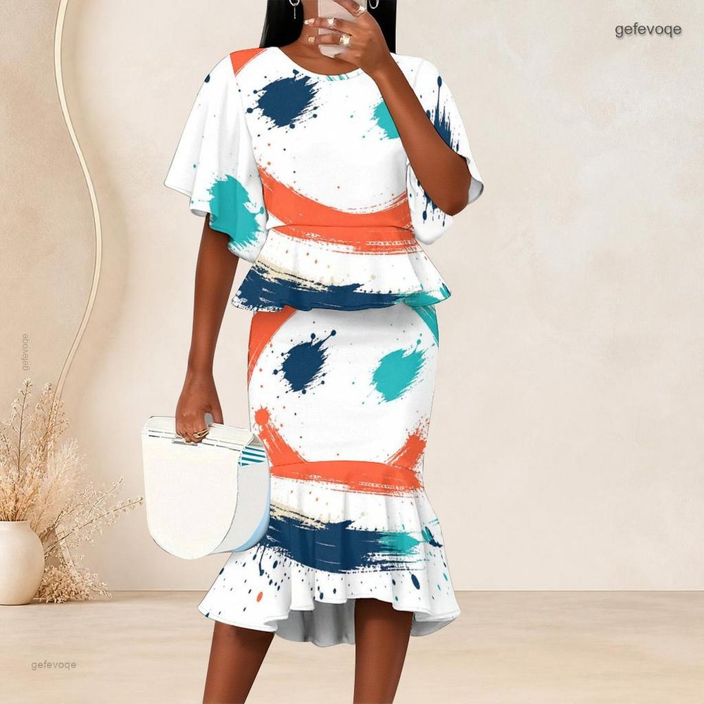 Women Plus Size Abstract Printed Round Neck Batwing Sleeve Ruffle Hem Top Fishtail Skirt Two Piece Set