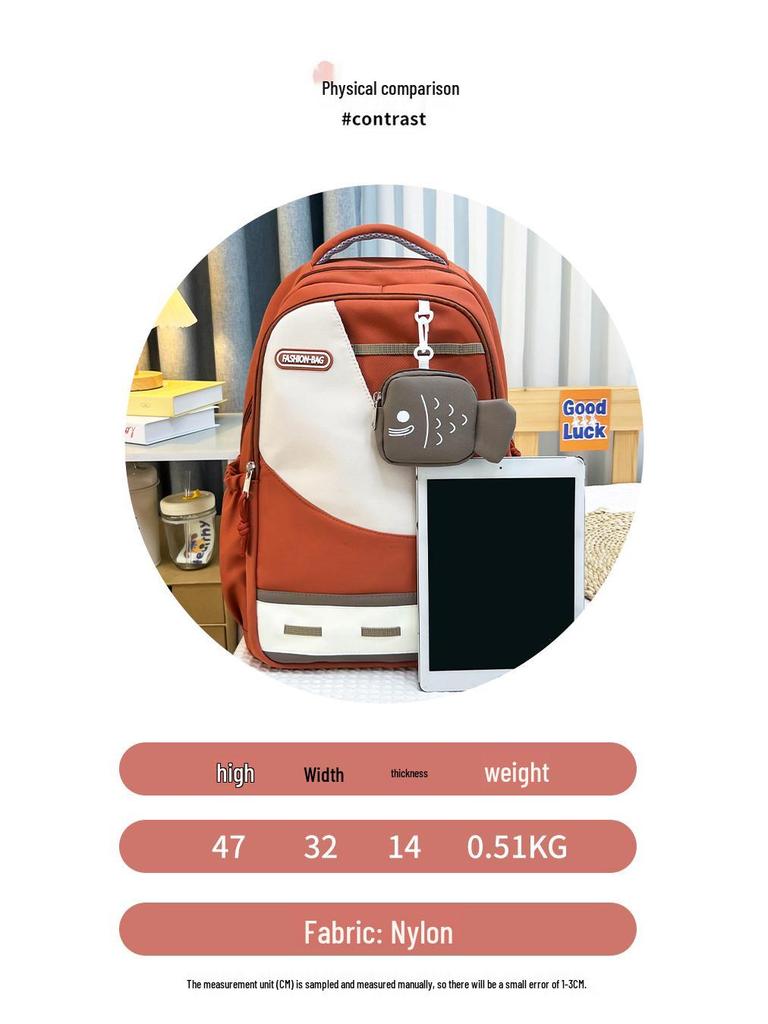 Large Capacity Color Block Student Backpack with Small Fish Pocket - Wear-Resistant Casual Design