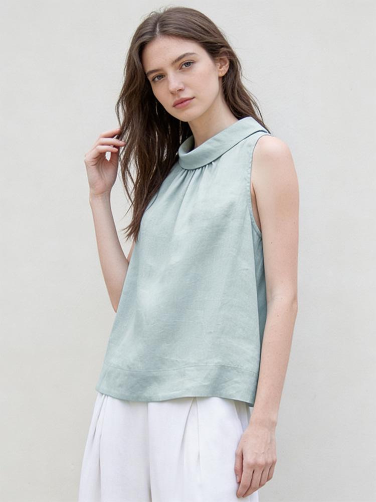 Women's Versatile Pure Linen Stand-Collar Vest, Spring/Summer A-Line Silhouette Sleeveless Top