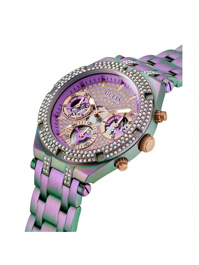 Guess Women's Crystals Iridescent Stainless Steel Fashion Chronograph Watch for Suitable for Daily Party Wear Holiday Party Gift GW0440L3