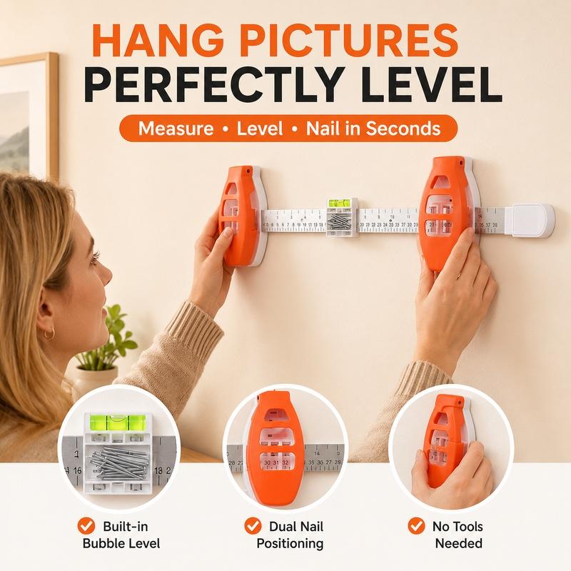 Picture Hanging Tool Level Ruler, Frame Hanger Nail Positioning Guide with Angle Measure for Wall Art Photos