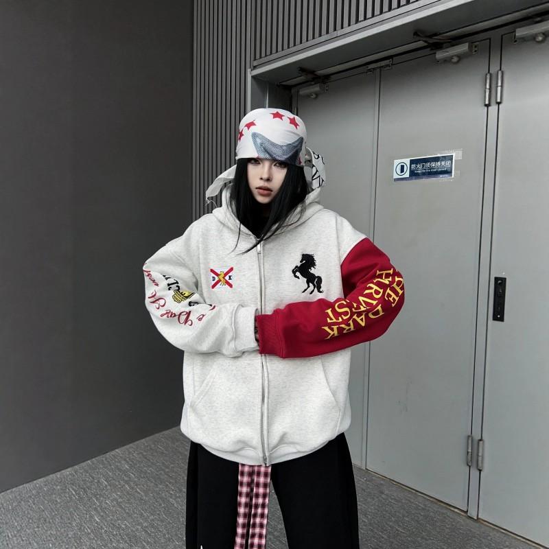 Womens Vintage Color Block Hooded Cardigan Embroidered Loose Fit Sweatshirt