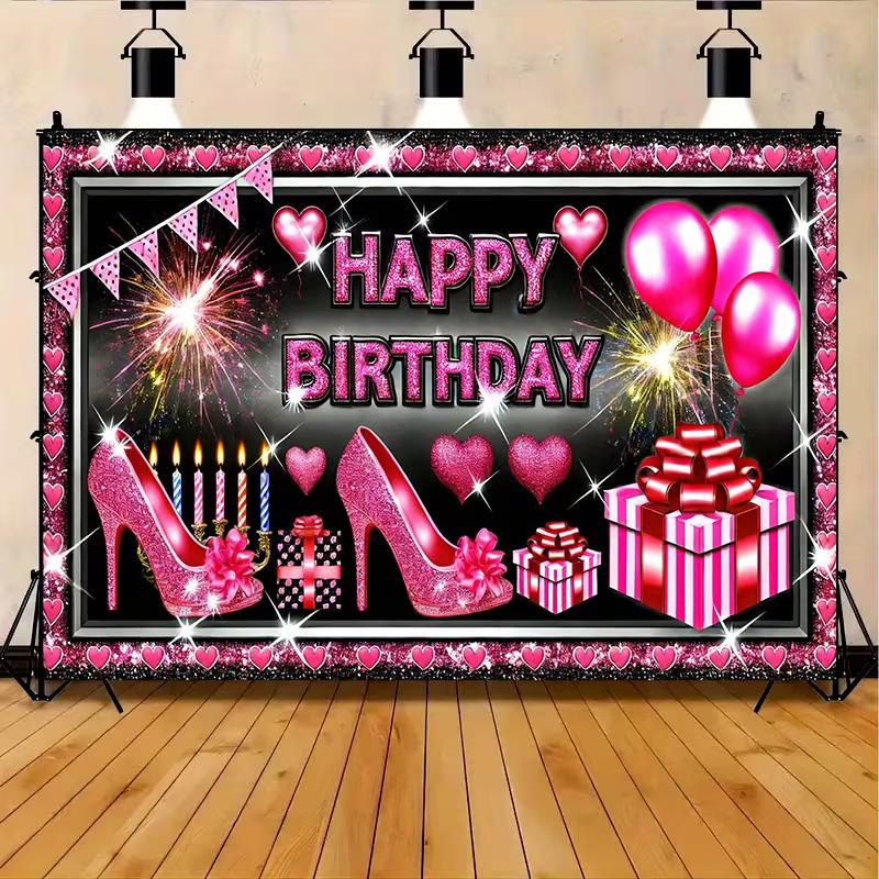 Sparkly Pink Birthday Tapestry, Glam Design with Glitter High Heels, Presents and Fireworks, Chic Party Wall Art