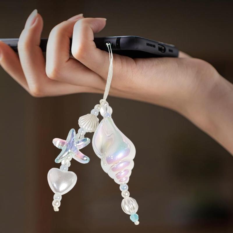Unique Ocean Style Clear Sparkling Beaded Earphone Holder Chain Featuring Seashells Pearls Accent And Phone Decoration
