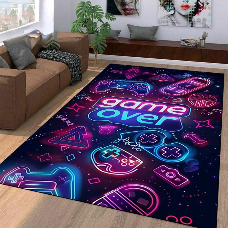 "Neon Game Over Carpet with Gaming Icons for Bedroom Decor" Suitable for use as an anti-slip for living room bedroom sofas