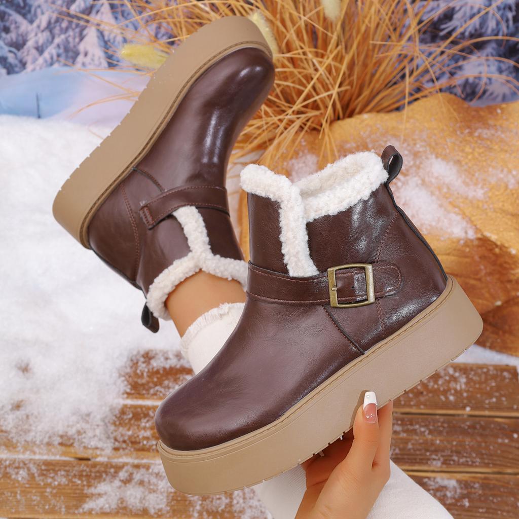 Fashion Thick Bottom Waterproof Pu Snow Boots Women 2025 Winter Metal Buckle Chunky Platform Furry Ankle Boots Warm Plush Casual Shoes