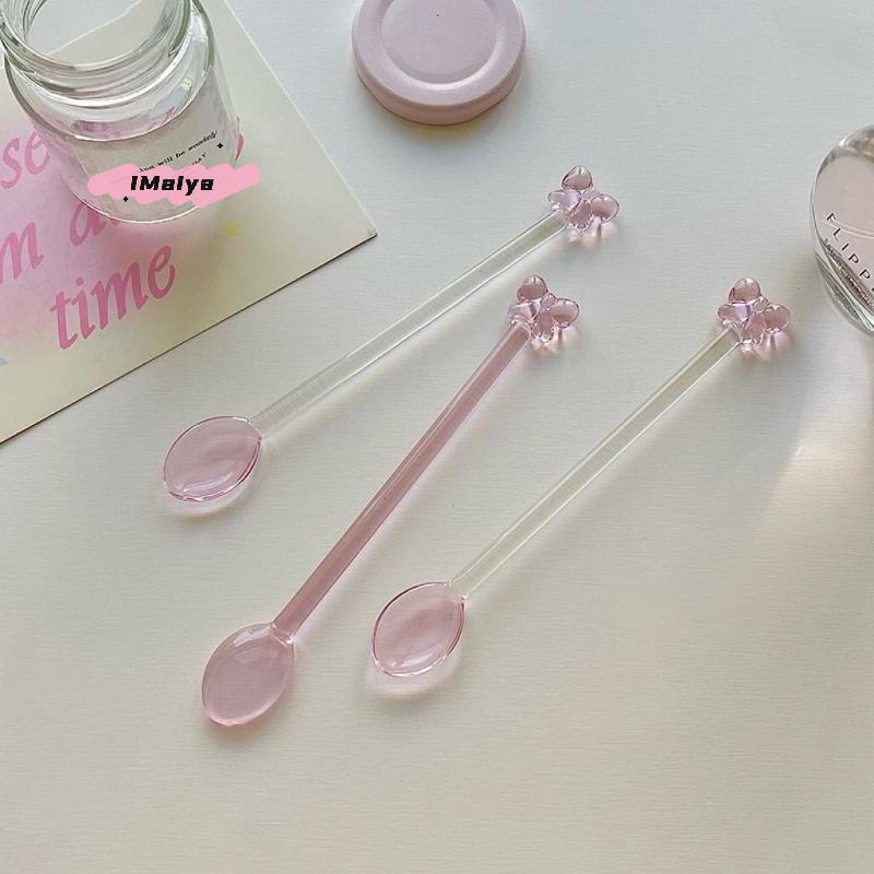 M-Pink Bow Glass Coffee Spoon Long-Handled Dessert/Milk Tea Stirring Spoon Heat-Resistant Teaspoon Household Kitchen Tool