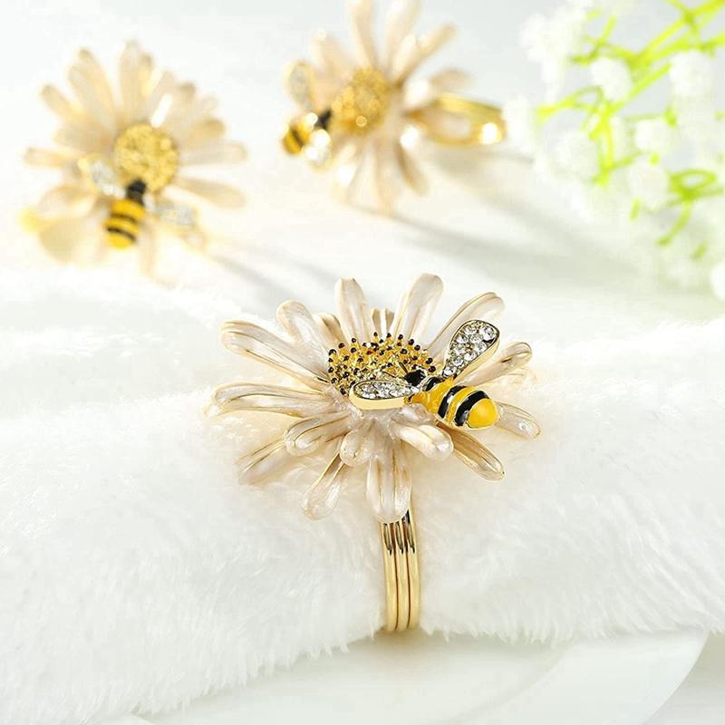 2025 Trend Set Of 12 Daisy Sunflower Napkin Rings, Gold Bee Napkin Ring Holders For Formal Or Casual Dinning Table Decor