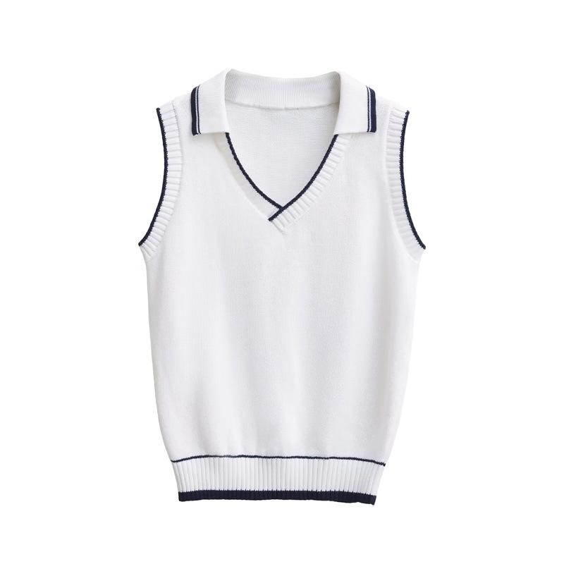 Women's Retro Color-Block Knit Vest: College Style, Polo Collar, Slim Fit, Elegant Camisole Layer