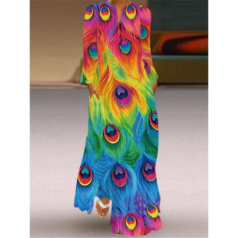 Fashion Style Spring and Summer Fashion New Women's Retro Butterfly Print Long Dress Export V Neck Long Sleeves Pocket Dress