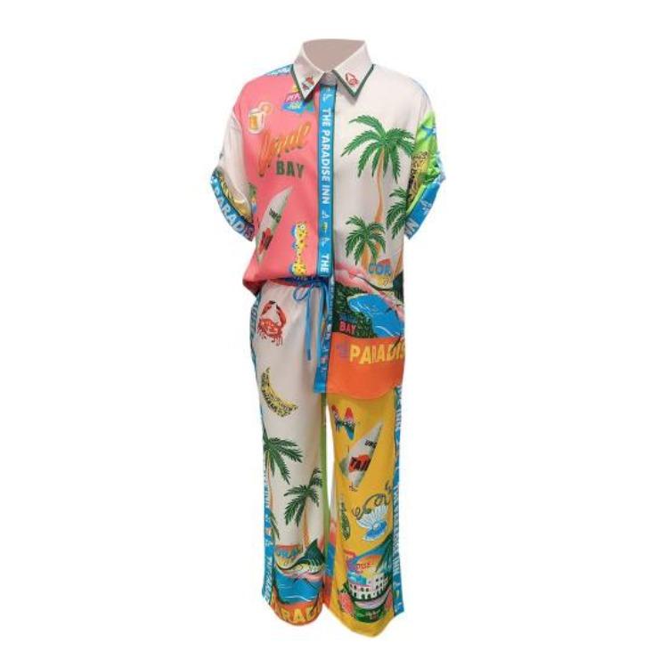 Hawaii Vacation Set Women Short Sleeve Lapel Top Colorful Print Shirt Pants Outfit 2 Pcs