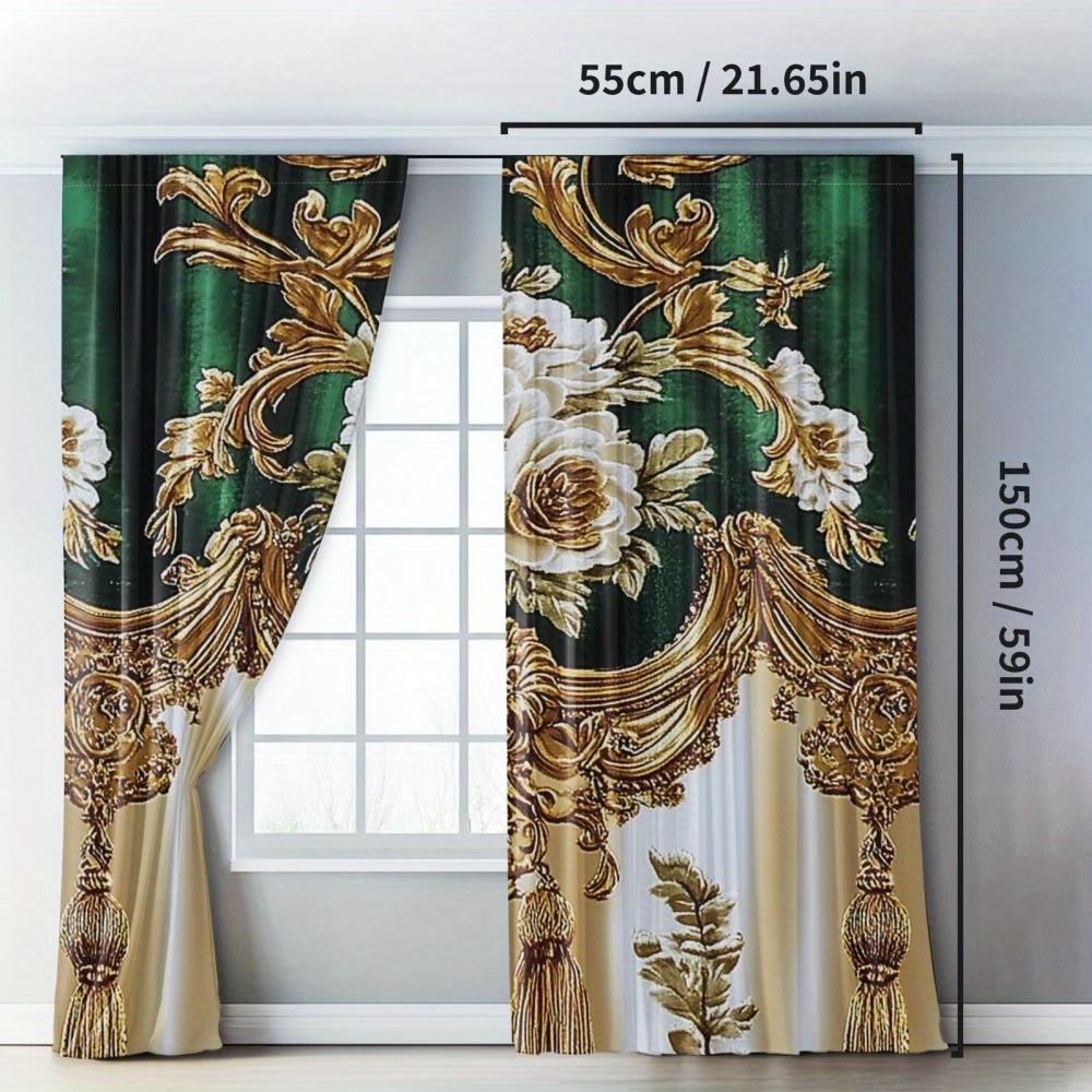 2pcs Elegant Gold Floral Print Polyester Curtains with Green & Gold Damask Design  for Bedroom  Living Room  Kitchen & Office Decor