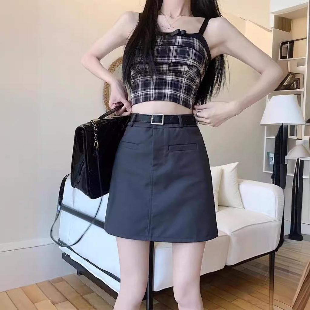 Gray High-Waist A-Line Mini Skirt - Women's Versatile Spring/Summer Anti-Exposure Skirt