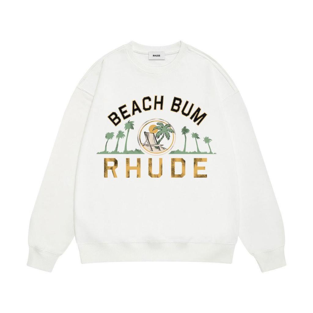 New Men's RHUDE Letter Print Loose Terry Round Neck Hoodie
