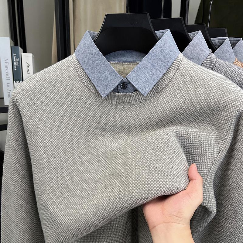 Men's Autumn/Winter Fleece-Lined Two-Piece Look Sweater with Business Shirt Collar