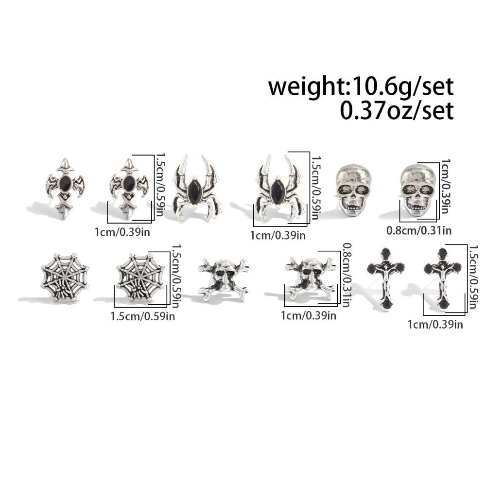 6pcs Set Dark Gothic Sliver Color Spider Web Bat Skull Blood-dripping Cross Stud Earrings for Women Men Halloween Jewelry Sets