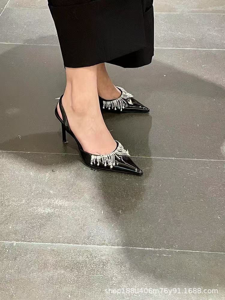 2025 new rhinestone fringed high heels women's patent leather sexy pointed thin heel French word with bag head sandals