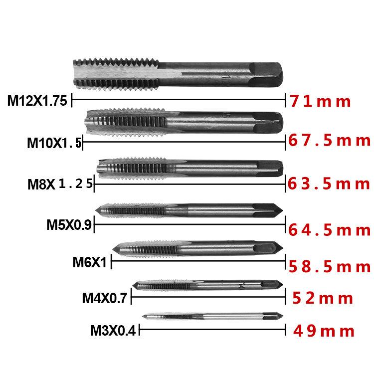 Seven-Piece Taper Square Handle Straight Groove Tap Set: Bearing Steel, Sizes M3-M12