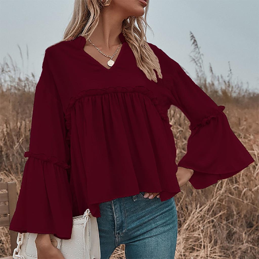 Womens Fashion Casual Solid Color V-Neck Flared Sleeve Chiffon Top
