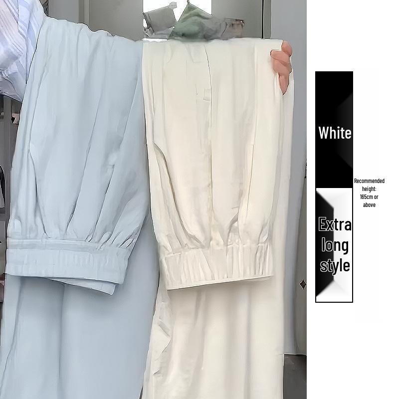 Women's Summer 2024 Ice Silk Wide-Leg Pants - White Textured Casual Petite Style