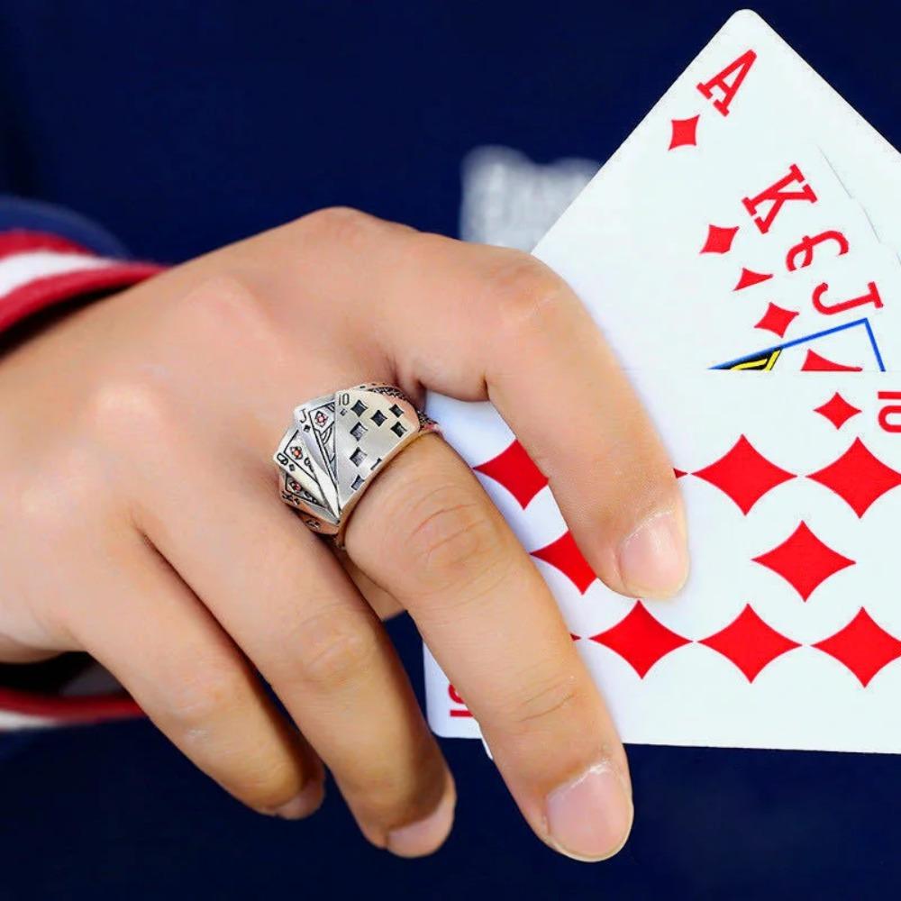 Retro Royal Flush Poker Ring For Men Punk Gothic Rock Hiphop Open Ring Unisex Accessories Handmade Designer Jewelry Lover Gift