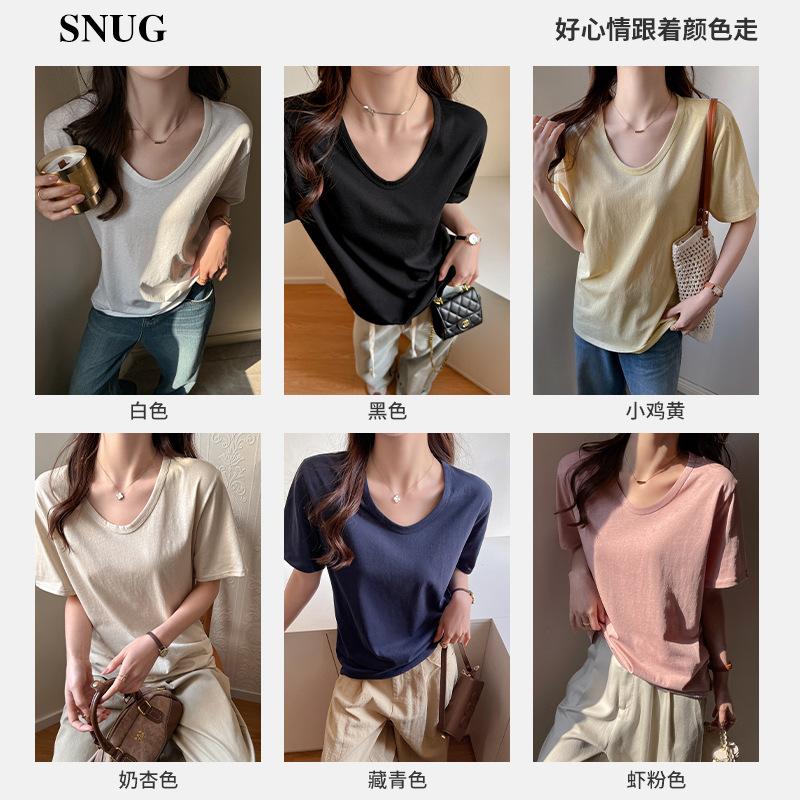 Snowflake Cotton Korean Version Women's Clothing V-neck Loose Front Shoulder Short-sleeved T-shirt Women's High-end Sense Lazy Wind Wear Solid Color C