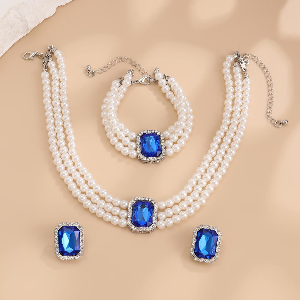 Salircon Fashion Elegant Blue Zircon Imitation Pearl Necklace Bracelets Earings Set for Women Temperament Wedding Bride Jewelry
