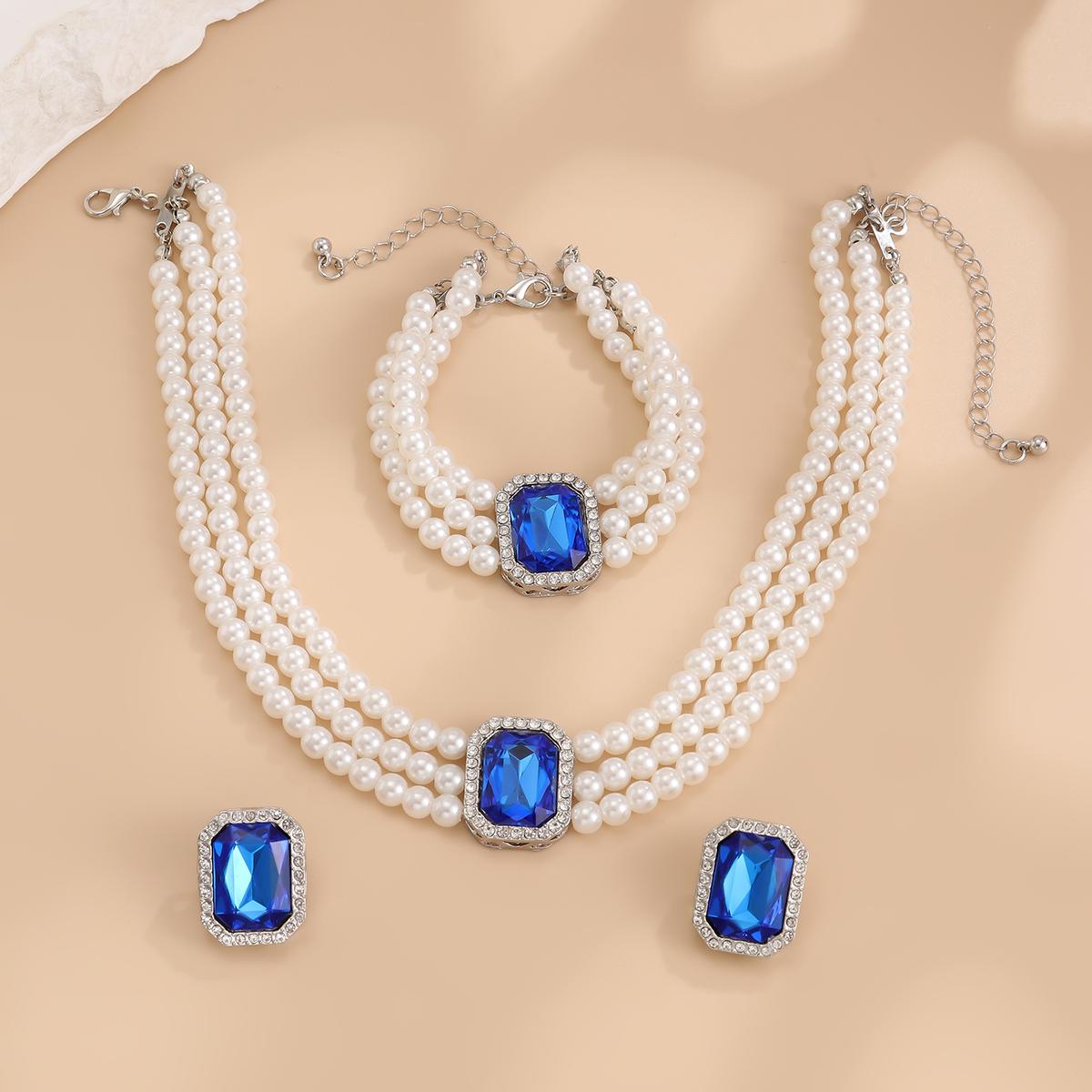 Salircon Fashion Elegant Blue Zircon Imitation Pearl Necklace Bracelets Earings Set for Women Temperament Wedding Bride Jewelry синий
